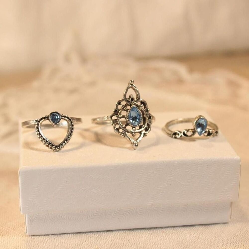 Fairycore Bundle of 3 Silver-Tone Blue Rhinestone Rings - Different Sizes